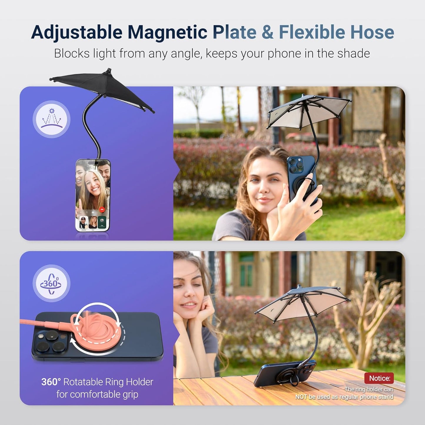 Magnetic Phone Umbrella for Sun,Outdoor Phone Sun Shade Shield with Flexible Angle Design & Rotatable Phone Ring,Umbrella for iPhone 16 15 14 13 12 Pro Max Plus,Mag-Safe Case & All Phones Anti-Glare